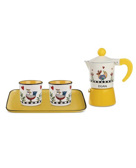 Комплект кафеварка moka, чаши за кафе и табла, egan cocorico, жълти
