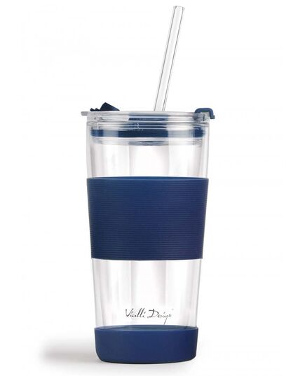 Двустенна чаша със сламка vialli design fuori 600 мл с капак синя