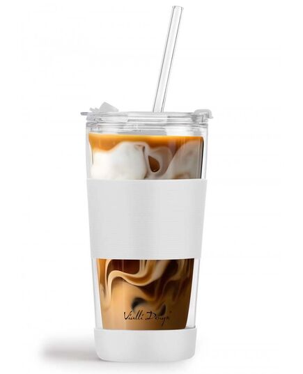 Двустенна чаша със сламка vialli design fuori 600 мл с капак бяла