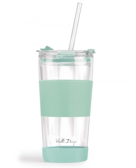 Двустенна чаша със сламка vialli design fuori 600 мл с капак мента