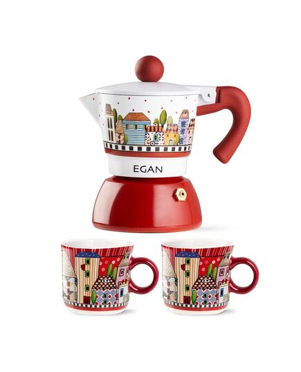 Комплект кафеварка и 2 чаши за кафе egan paese mio moka червена